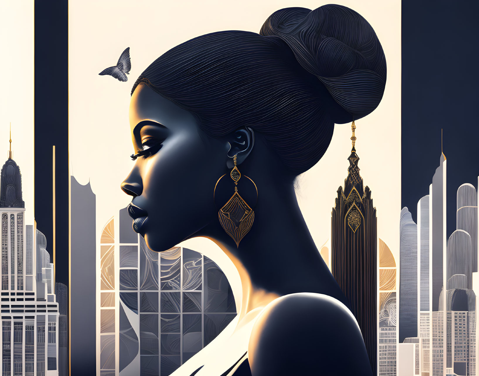 Detailed profile illustration of woman with updo hairstyle and large earrings in cityscape.