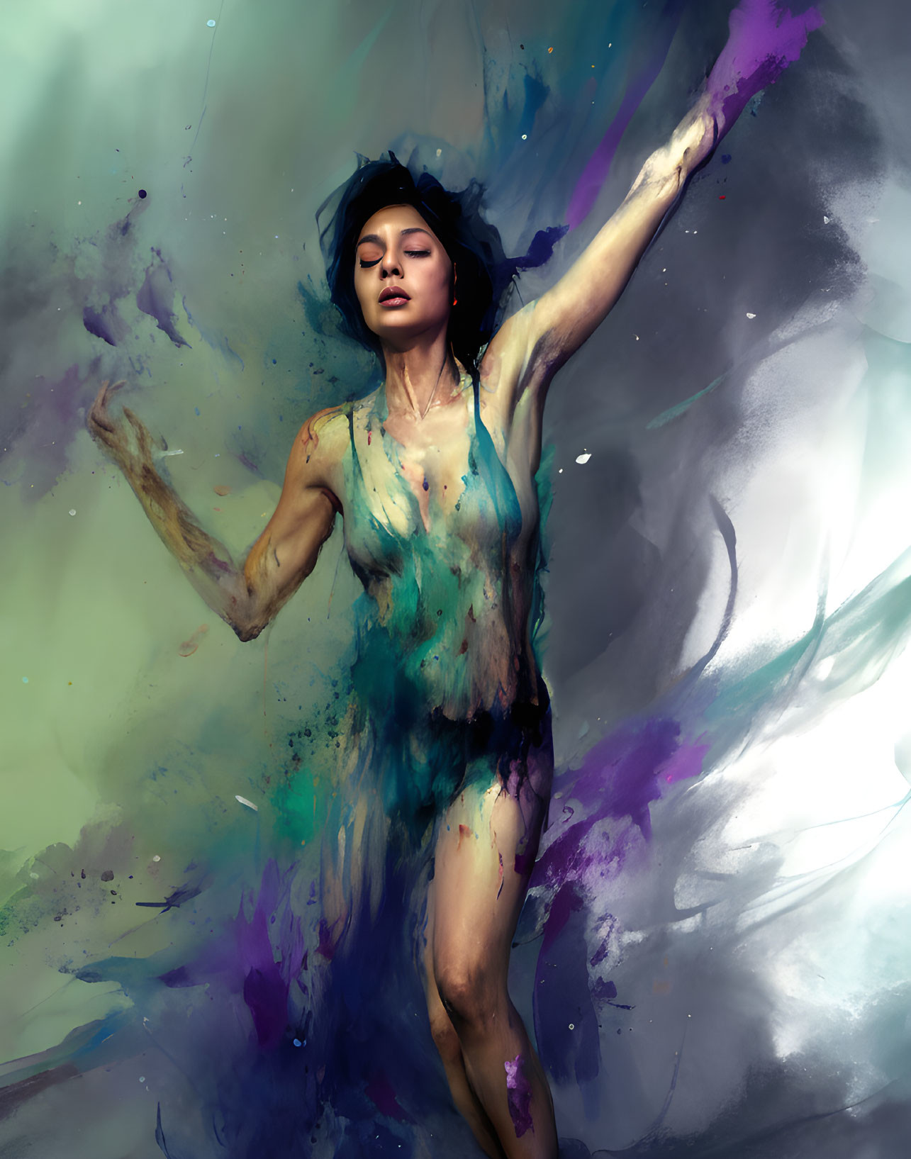 Dynamic Woman in Abstract Color Swirls