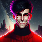 Detailed illustration: Smiling man in red sweater under galaxy night sky