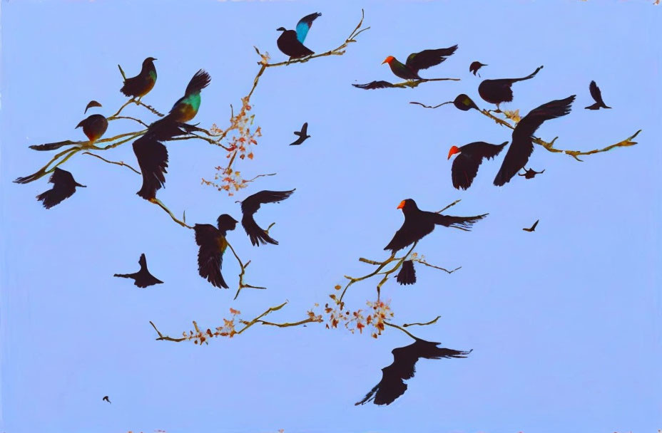 Vibrant bird painting on bare branches against blue backdrop