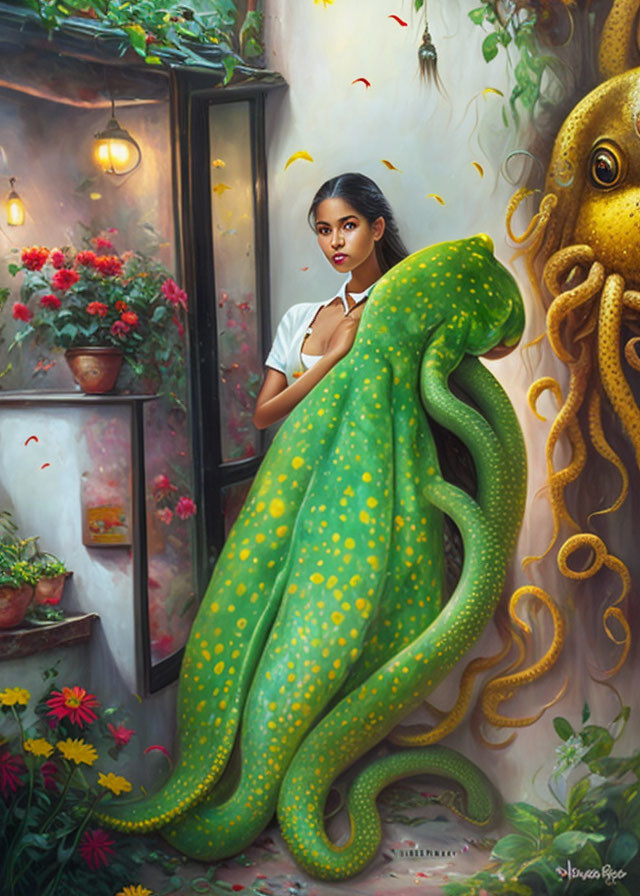 Woman enveloped by green octopus-like creature in whimsical garden with flowers and curious octopus.