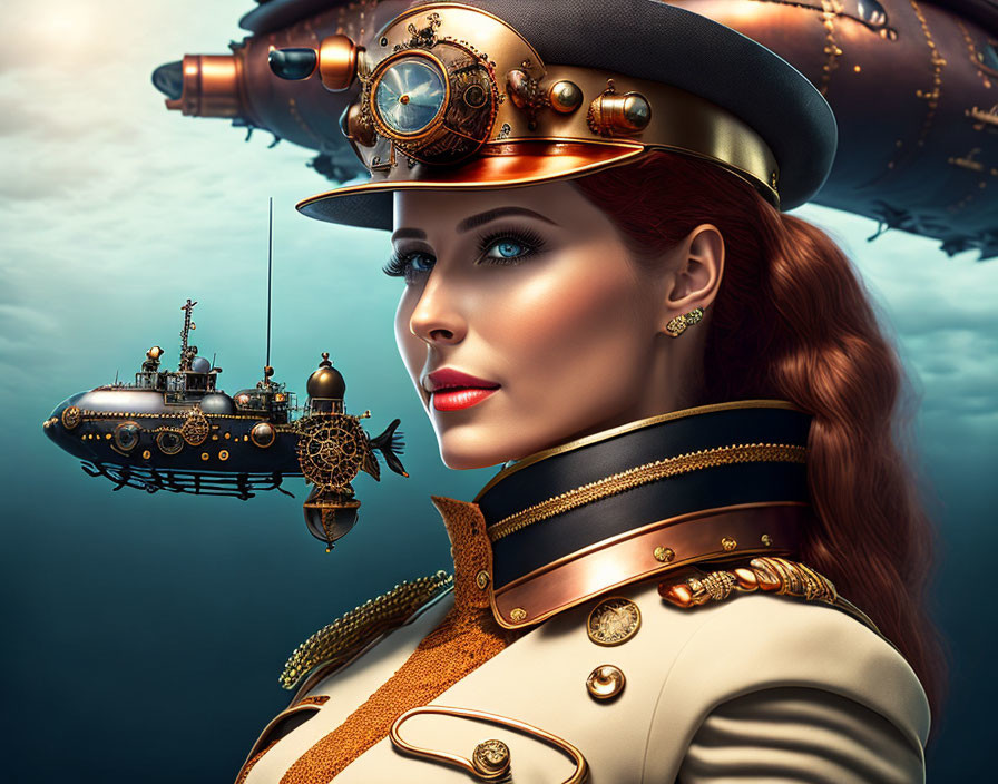 Steampunk-themed woman in uniform with gear-adorned cap, surrounded by fantasy airships in