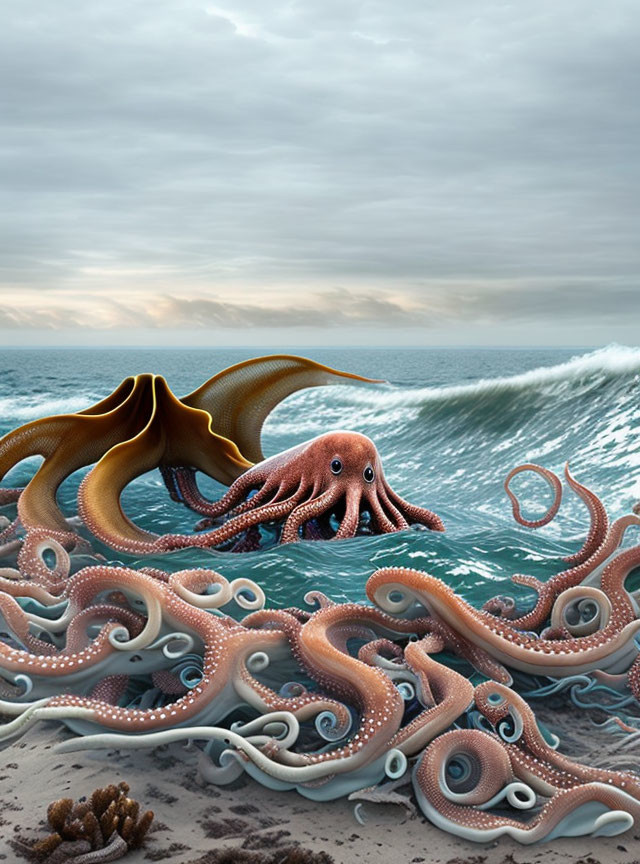 Surreal octopus with entwined tentacles in cloudy sea scene