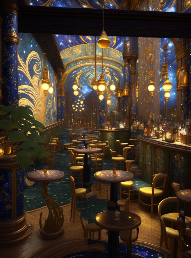 Luxurious Art Nouveau-style interior with starry night motifs, golden lamps, high ceilings, elegant