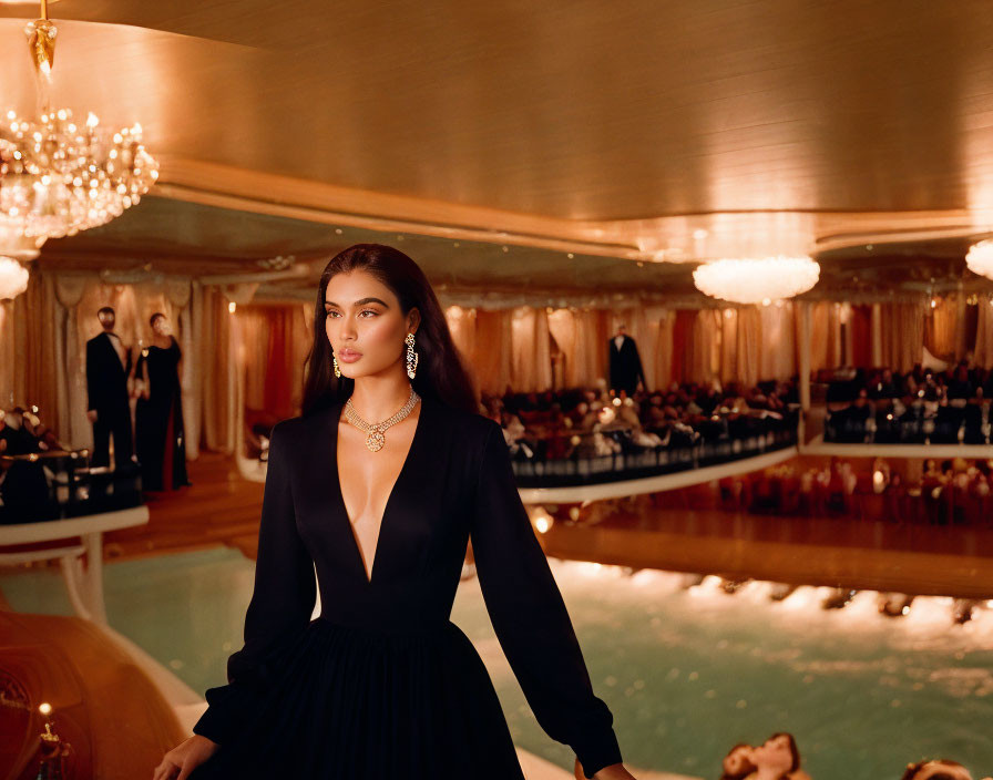 Sophisticated woman in black dress at elegant ballroom event