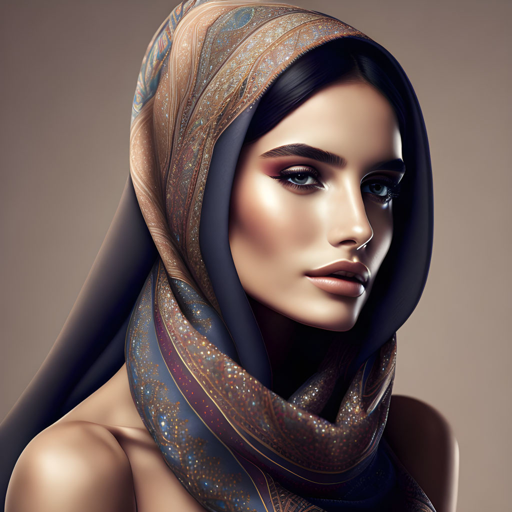 Detailed digital artwork: Woman with patterned headscarf and sharp facial features