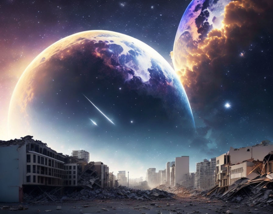 Post-apocalyptic city ruins with massive planets in sky.