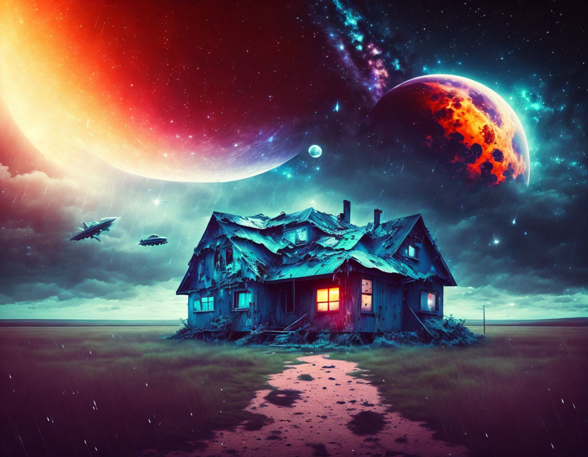 Dilapidated house under vibrant cosmic sky with planets, airplane, and spacecraft.