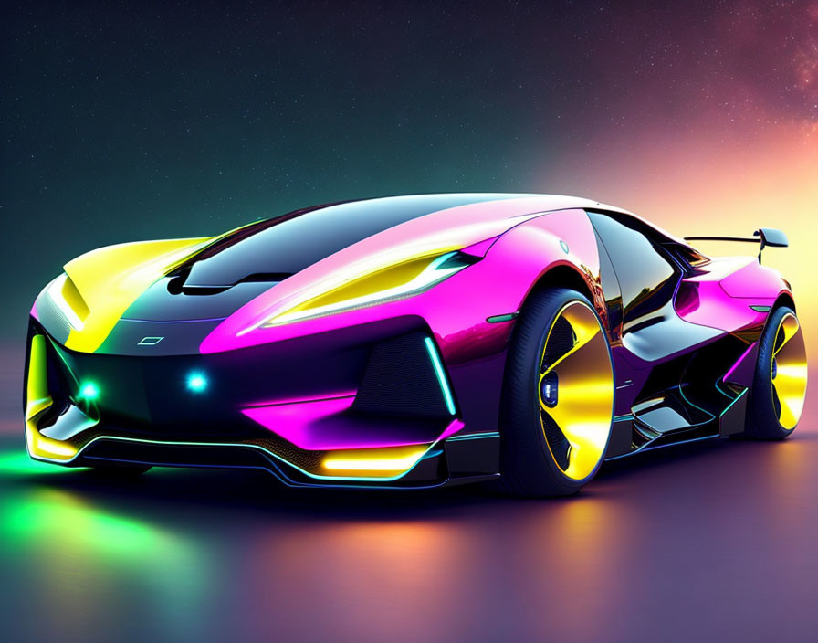 Vibrant neon futuristic sports car with glowing headlights and wheels