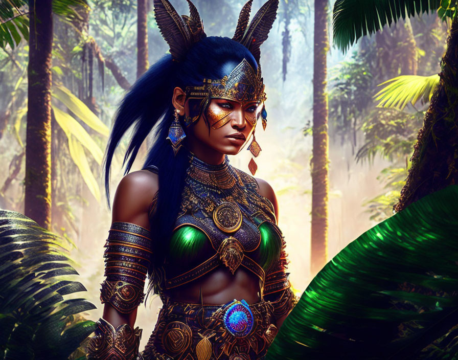 Warrior woman digital art: gold and blue armor in lush jungle