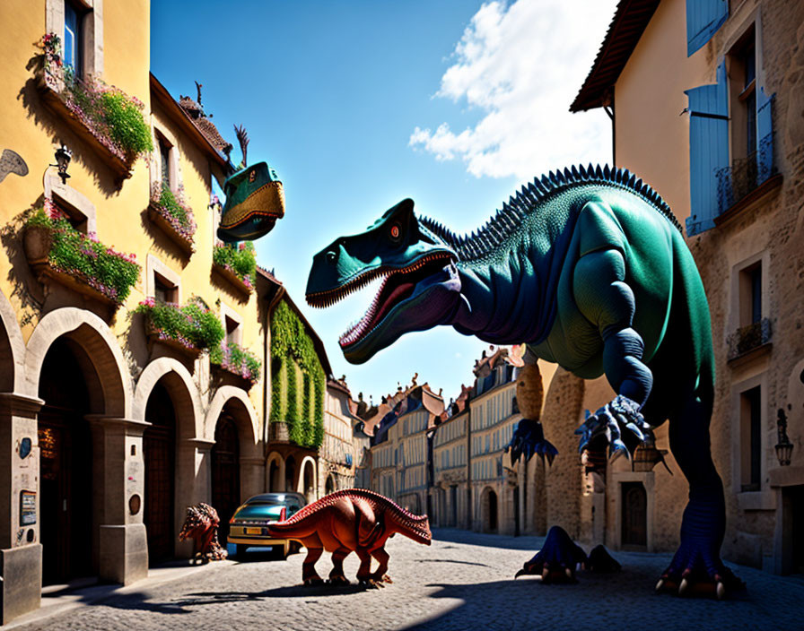 Green Tyrannosaurus Rex and Red Triceratops in European-style street