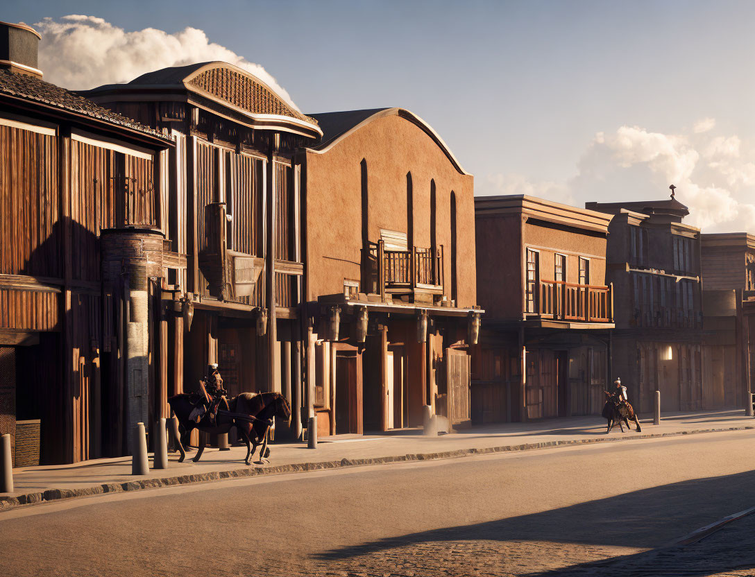 Western town at sunset with two horse riders and wooden buildings