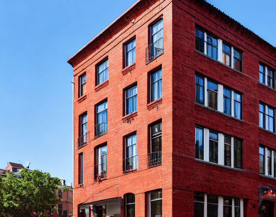 Urban corner building with large windows on blue sky background and greenery.