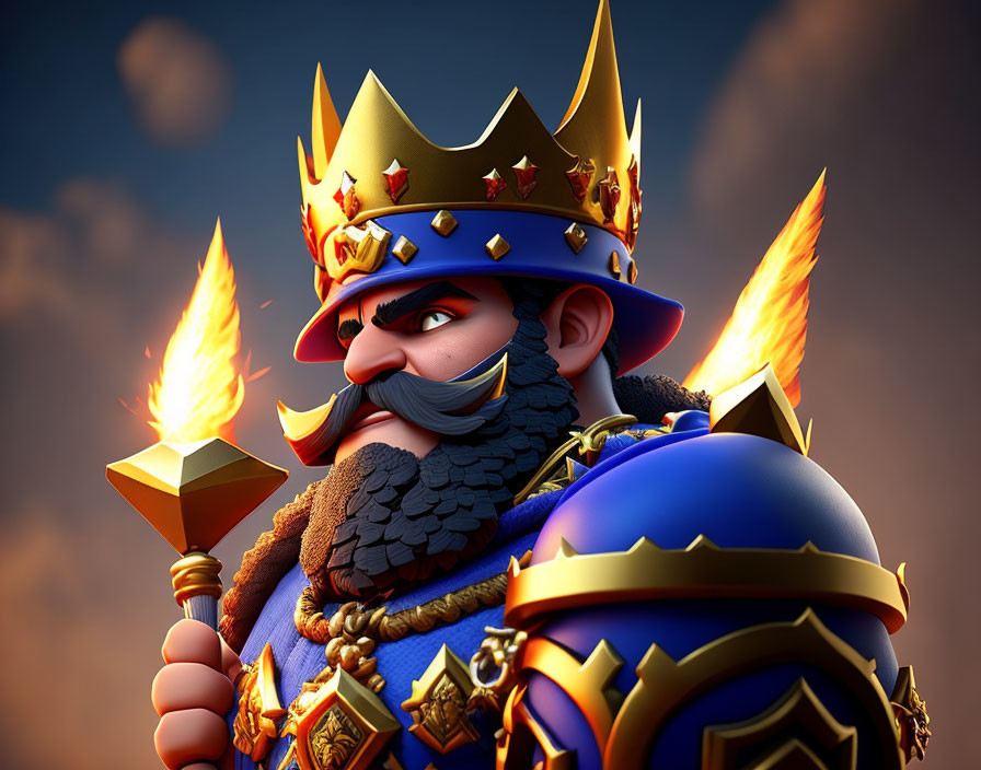 Regal king with crown, scepter, and beard in twilight sky