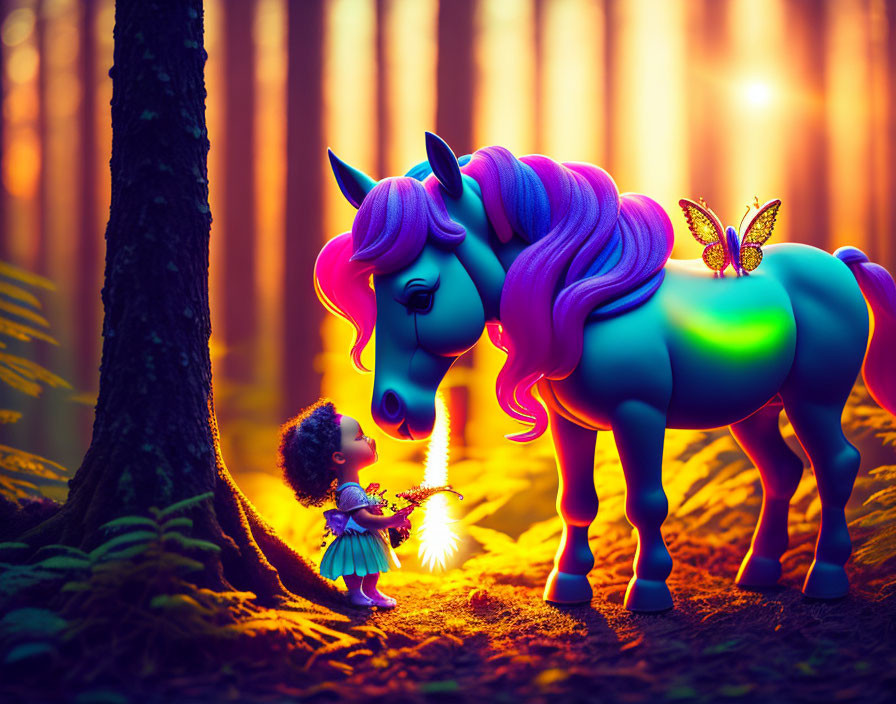Colorful Unicorn Meets Toy-Like Girl with Magic Wand in Enchanted Forest