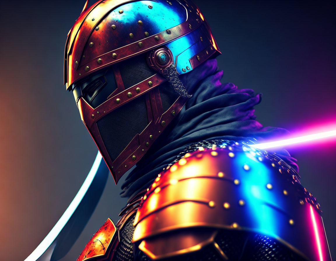 Character in Futuristic Helmet with Glowing Accents on Illuminated Background