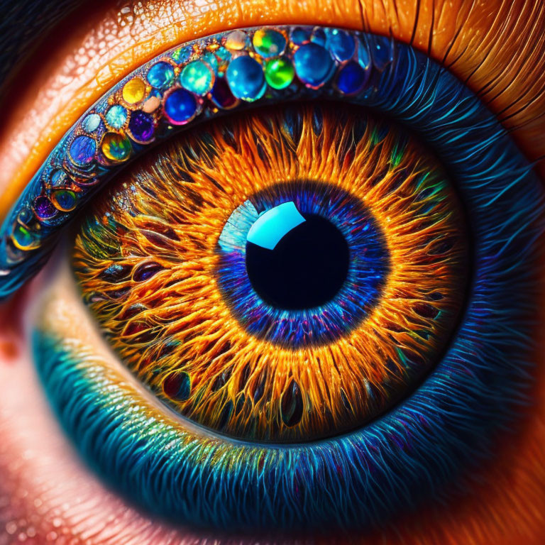 Colorful Close-Up of Human Eye with Orange and Blue Hues