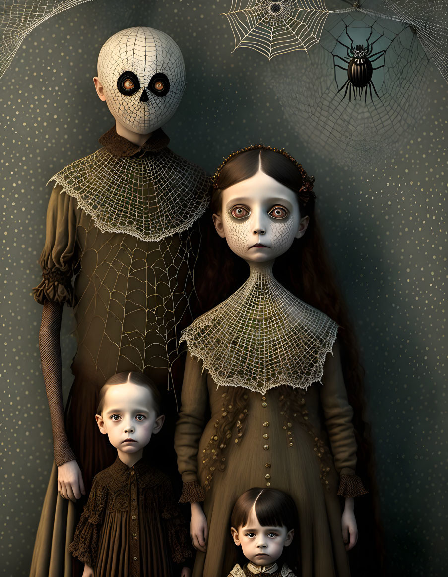 Gothic-style illustration of four characters in Victorian attire beneath a spider web