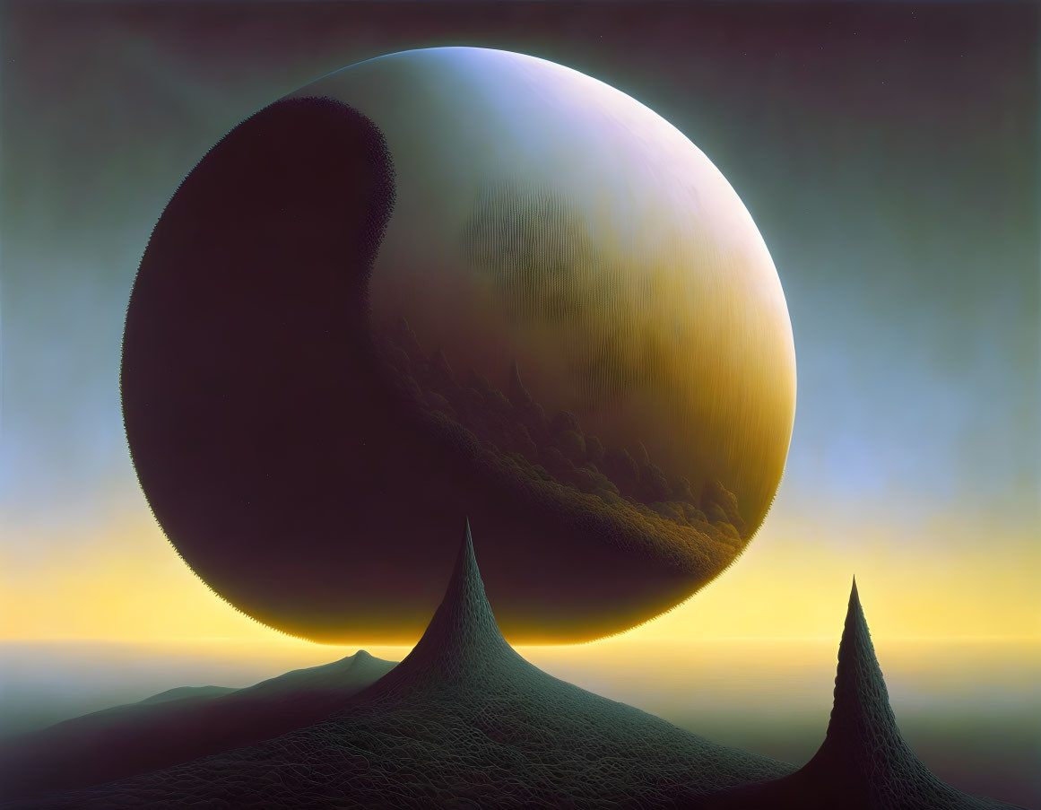 Surreal landscape with conical hills and giant planet in hazy sky