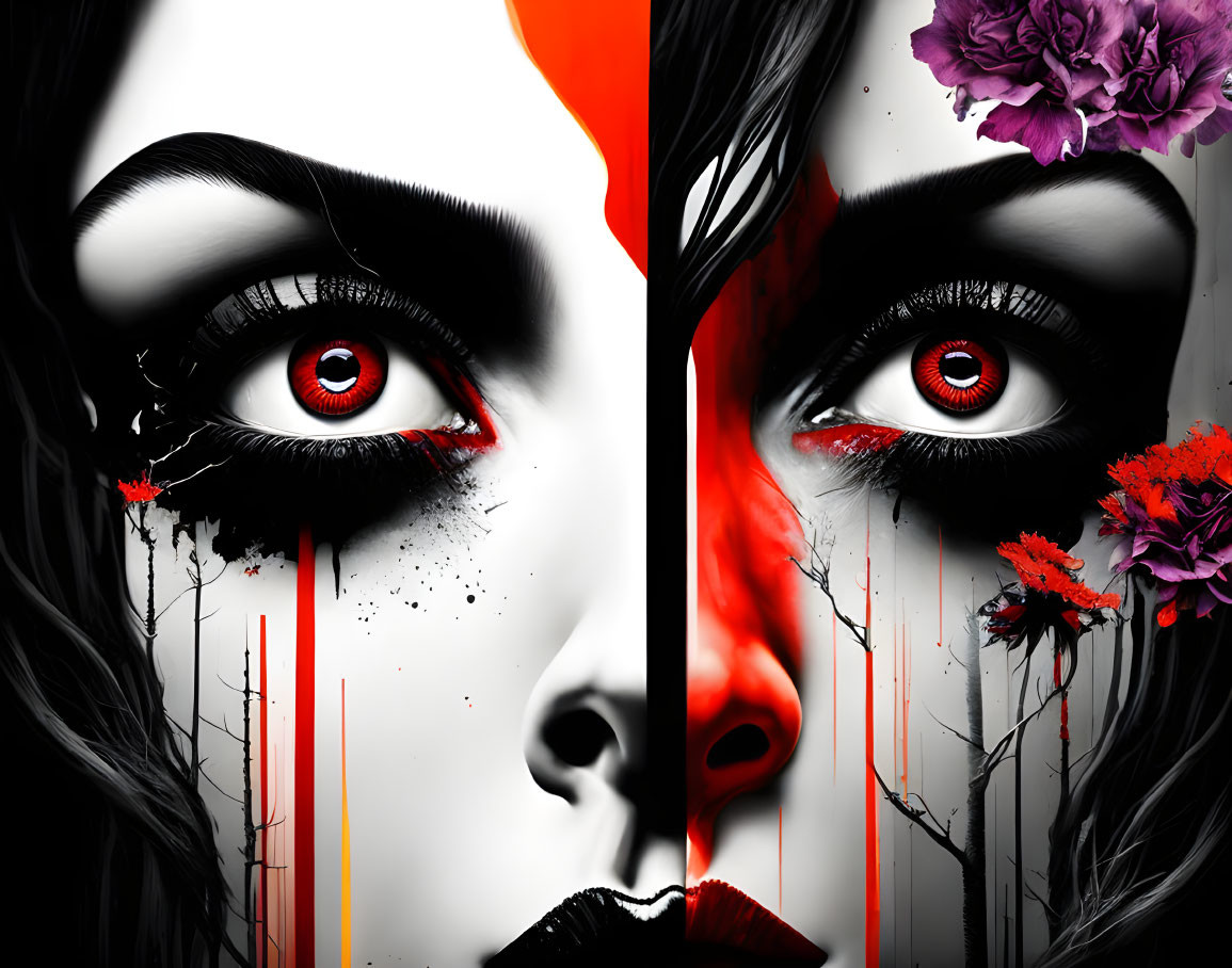 Split image of woman's face with red eyes, dripping accents, monochrome palette, purple and red