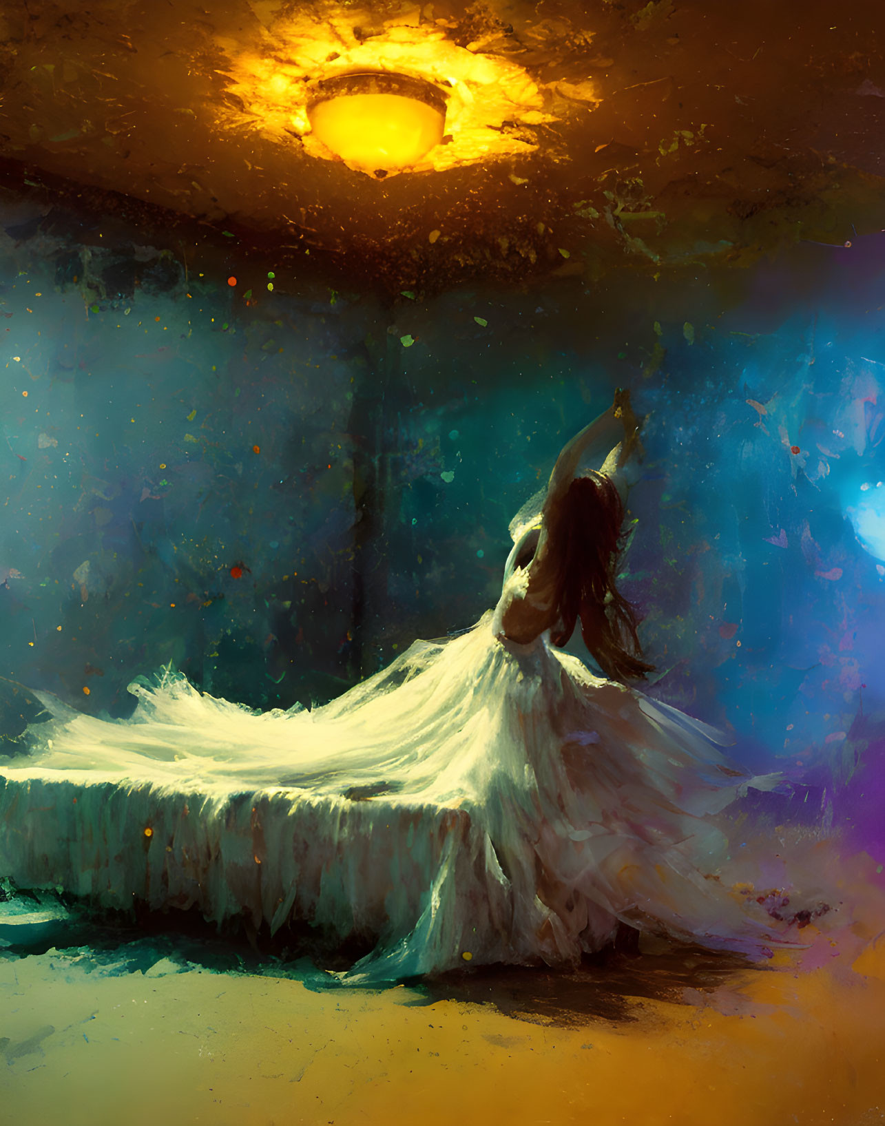 Ethereal dancer in flowing white dress under warm light