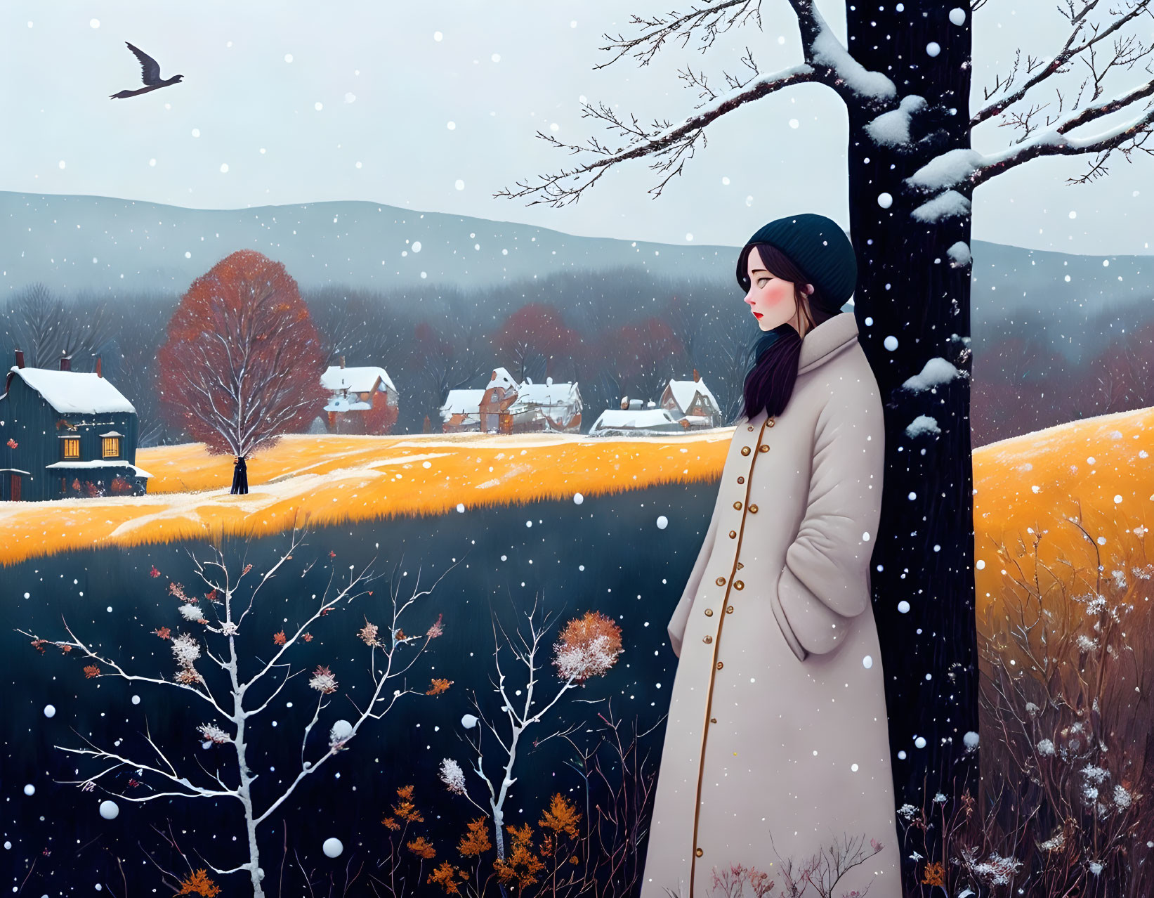 Person in winter coat near snowy field with flying bird and distant houses.