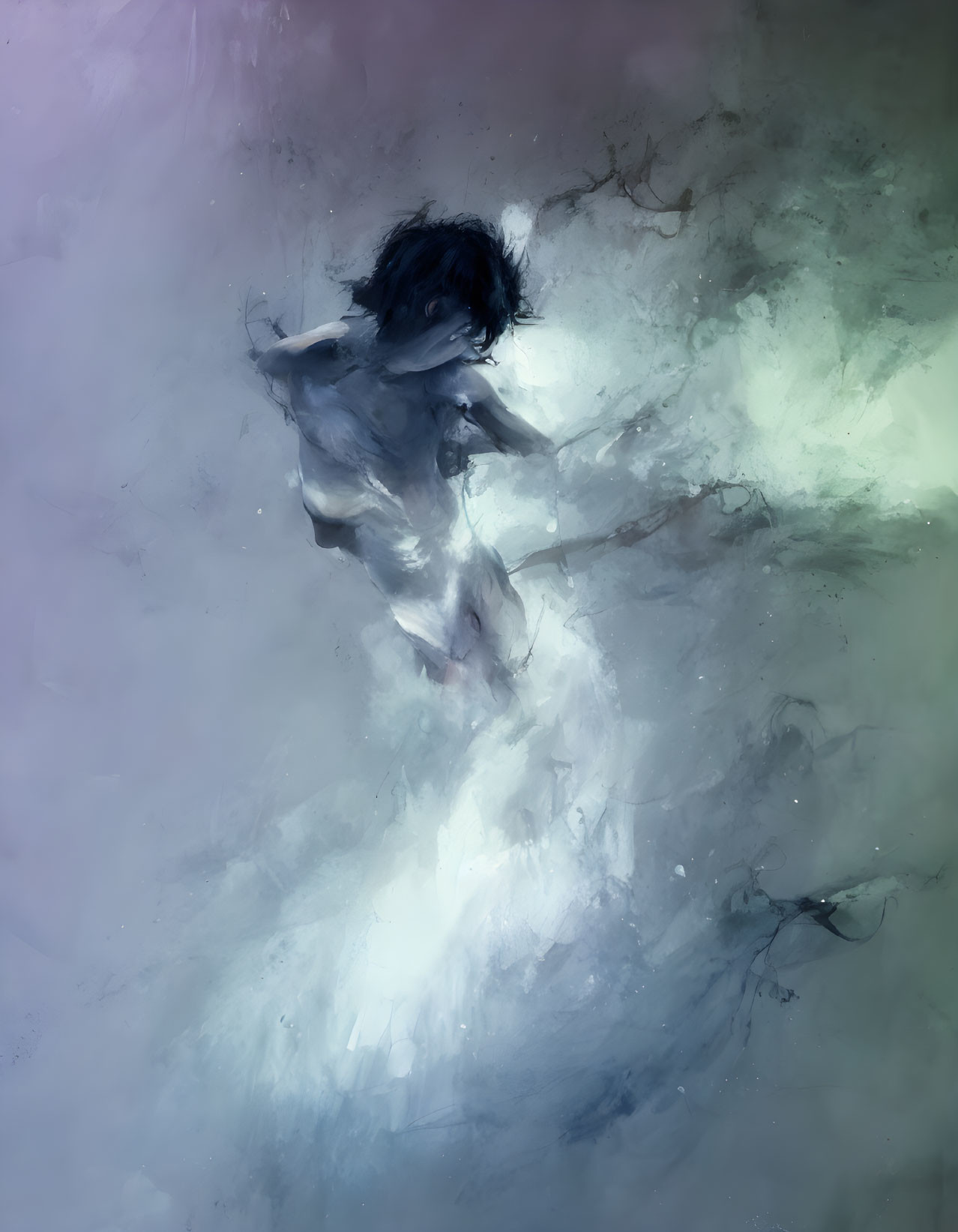 Ethereal digital painting of a person in misty space