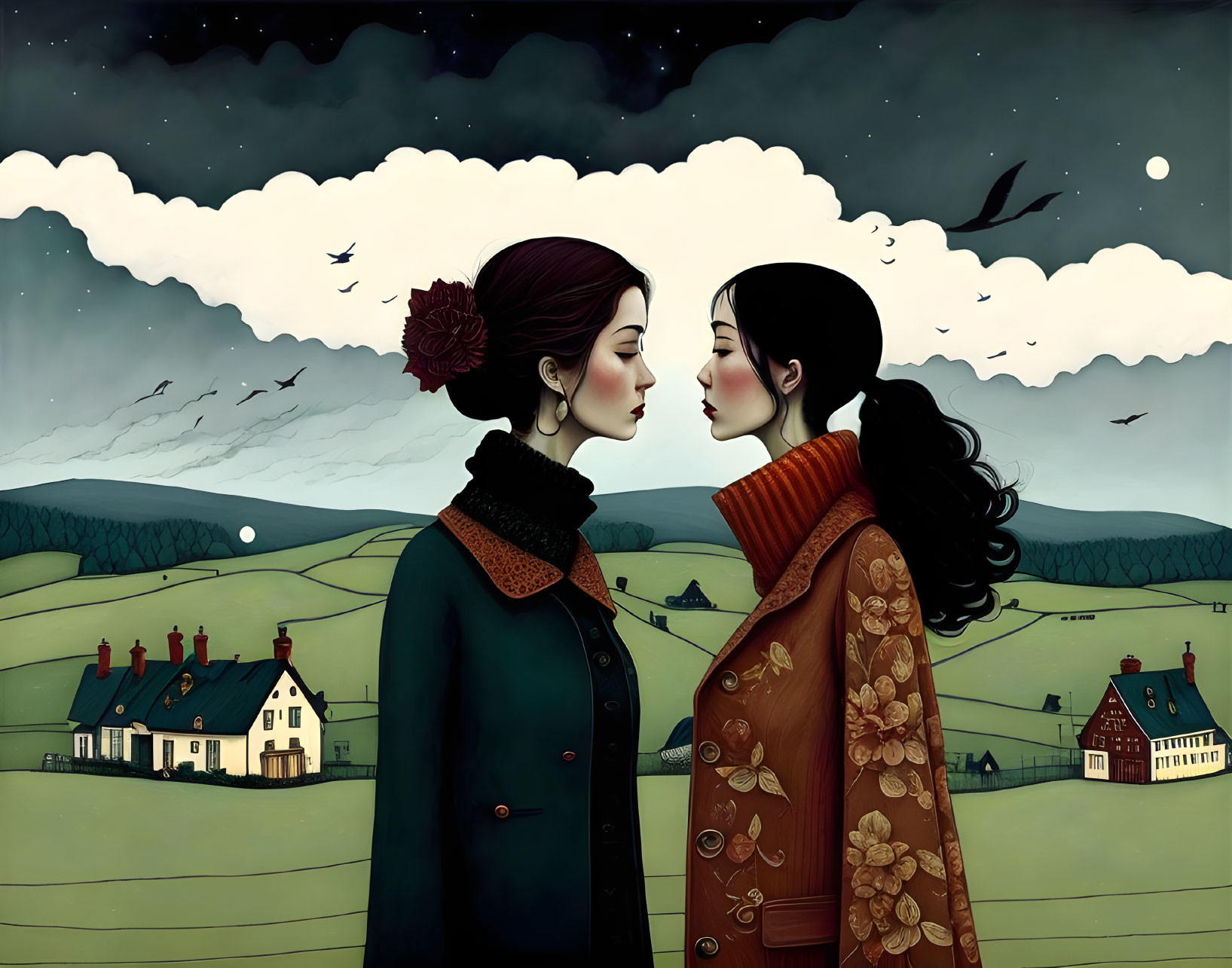 Stylized women kissing in rural landscape at twilight