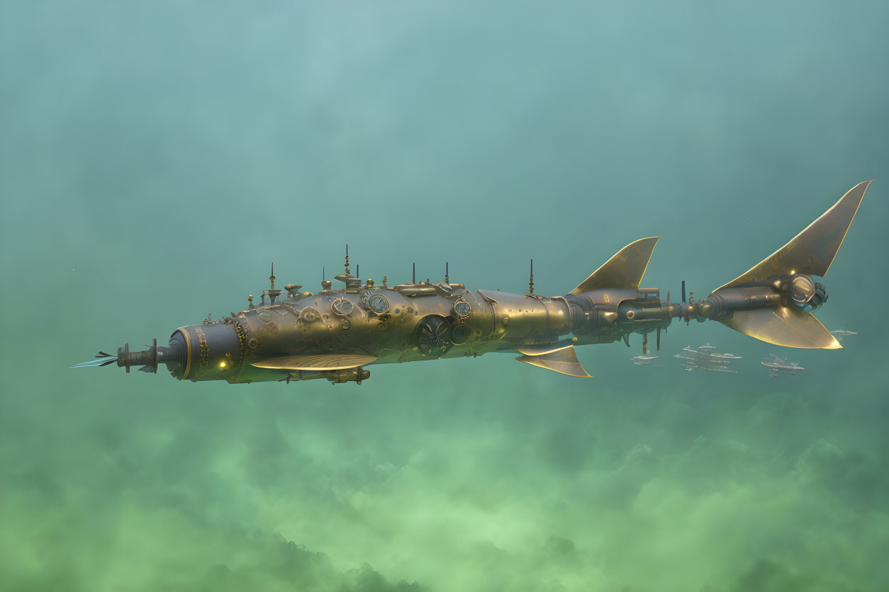 Steampunk-style submarine with gears and metallic fins in green underwater scene