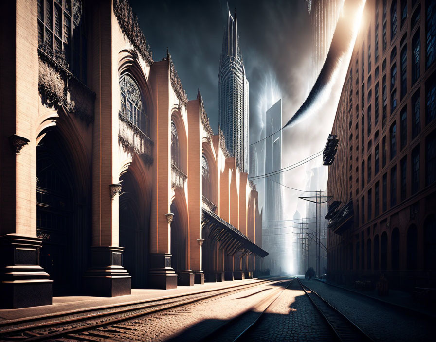 Gothic Buildings on Tram-lined Street Under Dramatic Sky