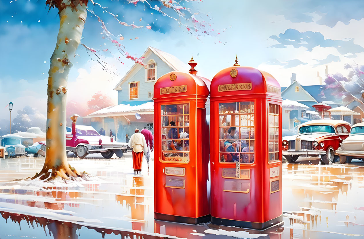 Vintage Red Phone Booths, Snowy Backdrop, Person in Red Coat, Quaint House,