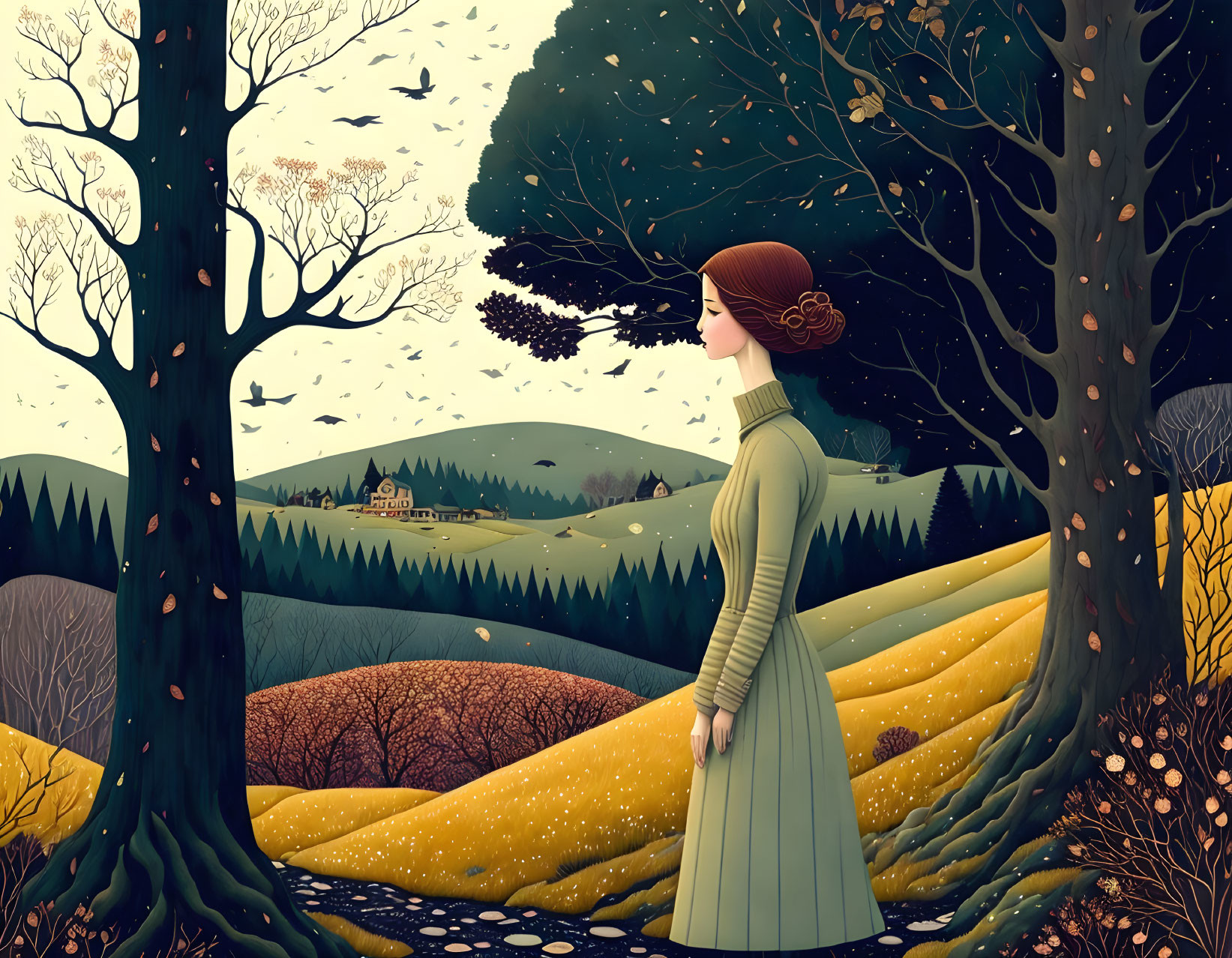 Stylized illustration: Woman in green dress in countryside landscape