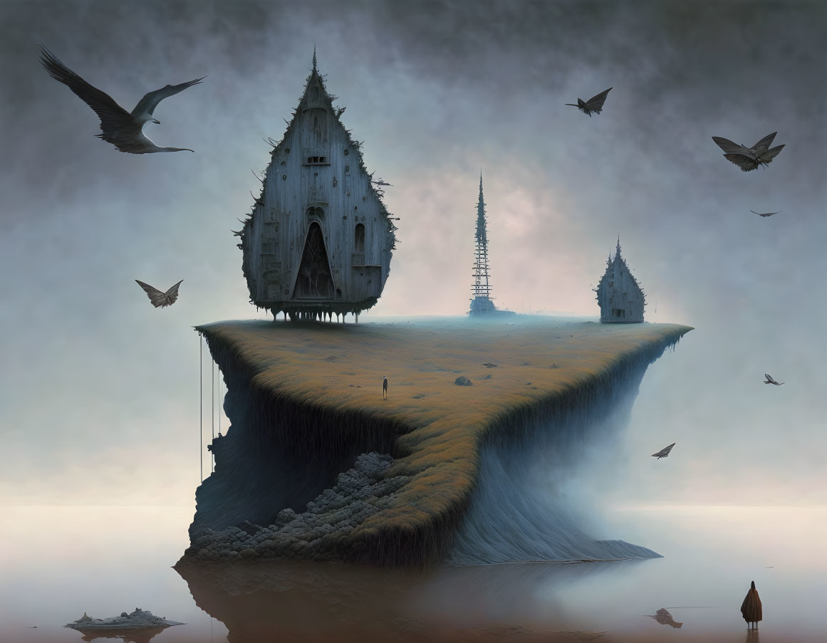 Surreal floating island with gothic buildings and misty atmosphere