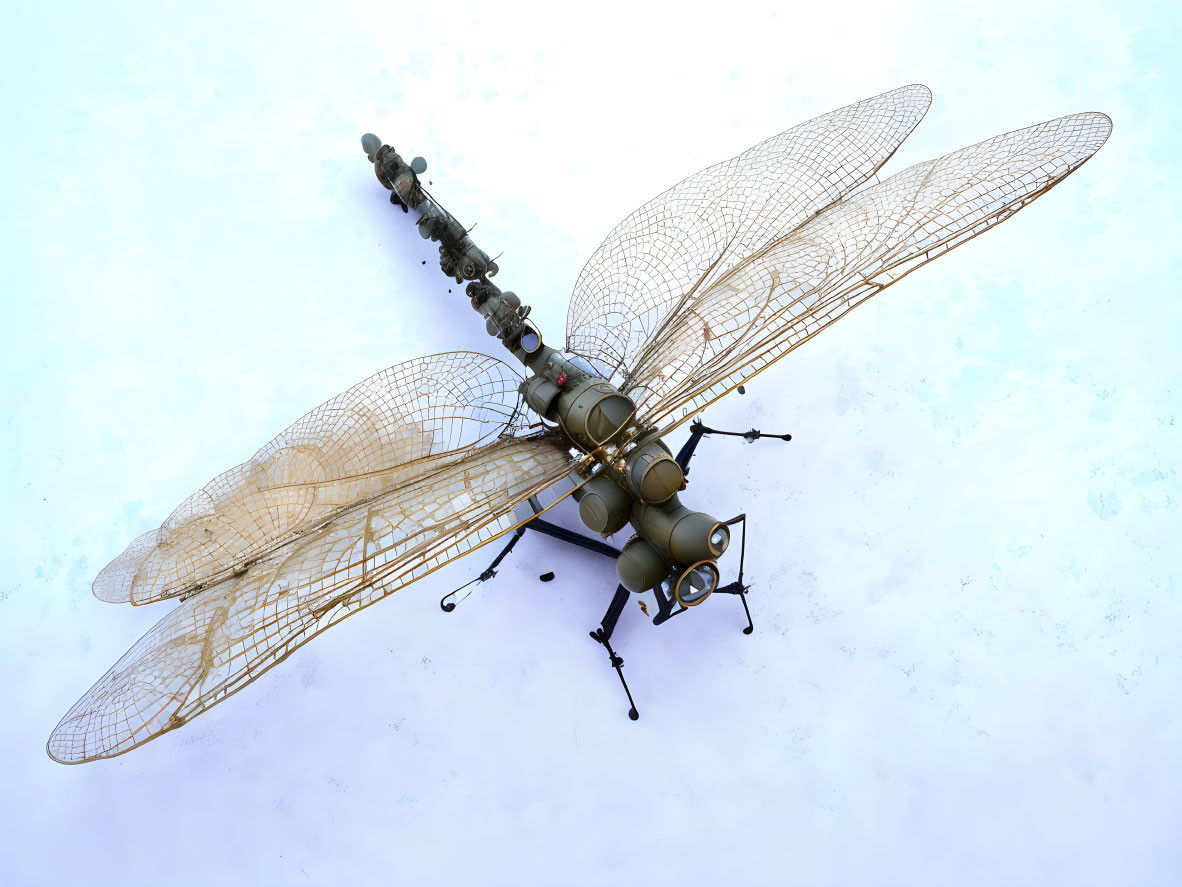 Steampunk mechanical dragonfly with intricate gears and pipes on pale blue background