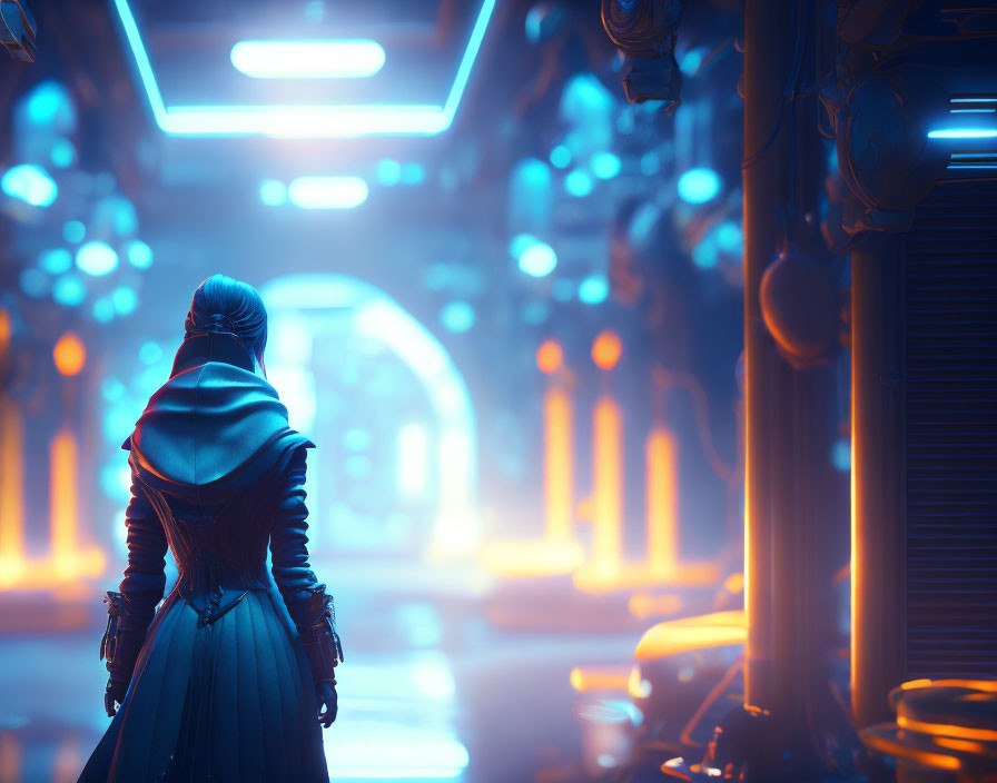 Cloaked Figure in Neon-Lit Futuristic Corridor