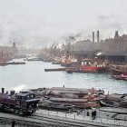 Industrial port scene with boats, train, people, factories, and cranes