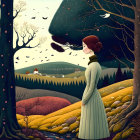 Stylized illustration: Woman in green dress in countryside landscape