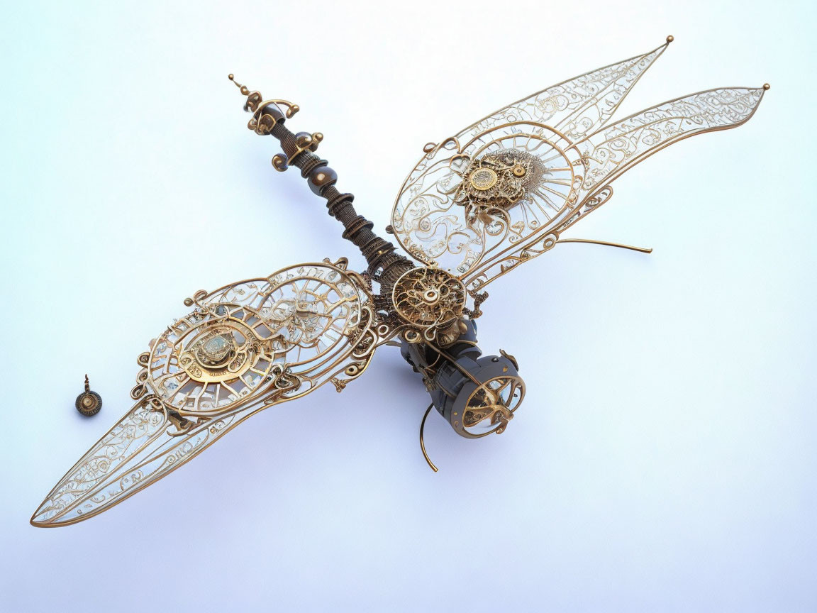 Steampunk mechanical insect sculpture with intricate metalwork and gears