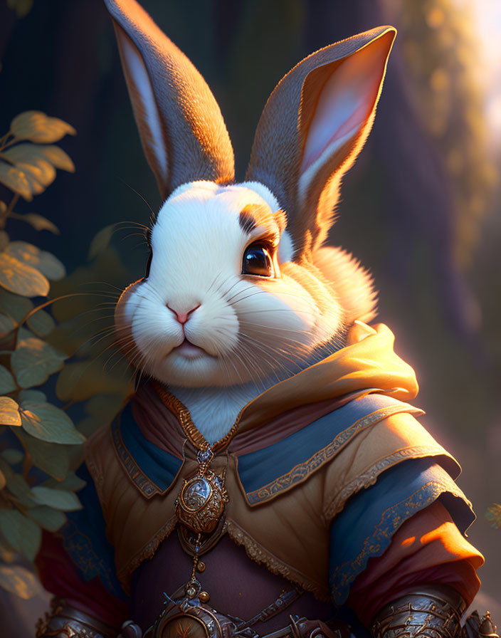 Anthropomorphic rabbit digital art: regal attire, expressive eyes, detailed clothing