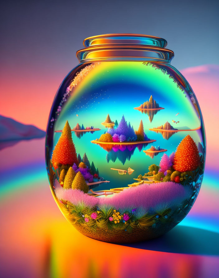 Colorful Trees and Floating Islands in Glass Jar Landscape