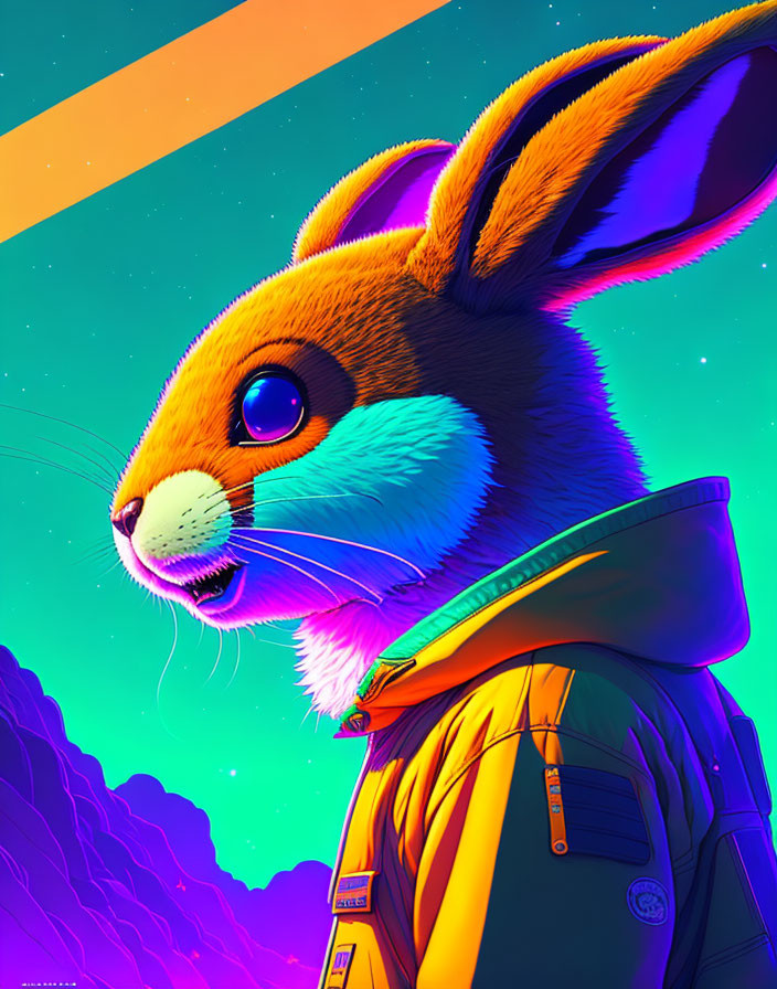 Colorful anthropomorphic rabbit illustration in modern attire on neon backdrop