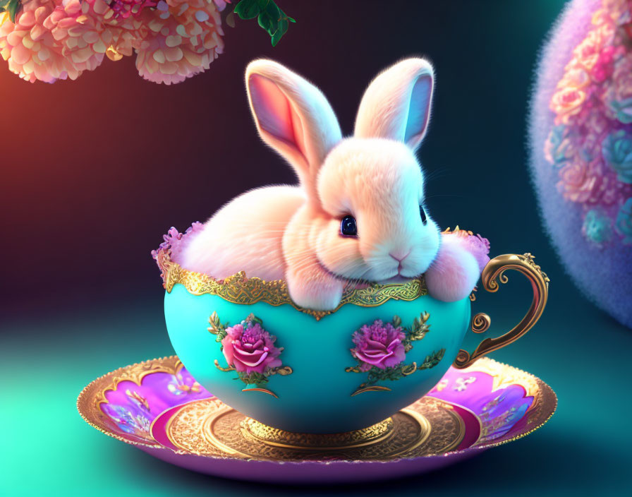 Fluffy bunny in turquoise teacup with pink roses and gold details