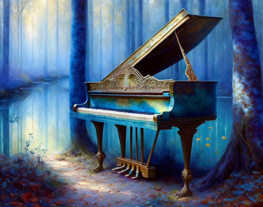 Ornate grand piano in mystical blue forest with ethereal glow