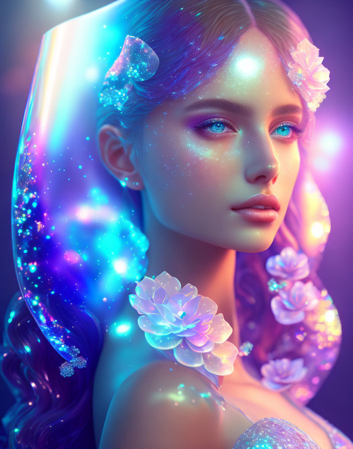 Digital Artwork: Woman with Blue Eyes, Galaxy Makeup, Flowers, Celestial Accents