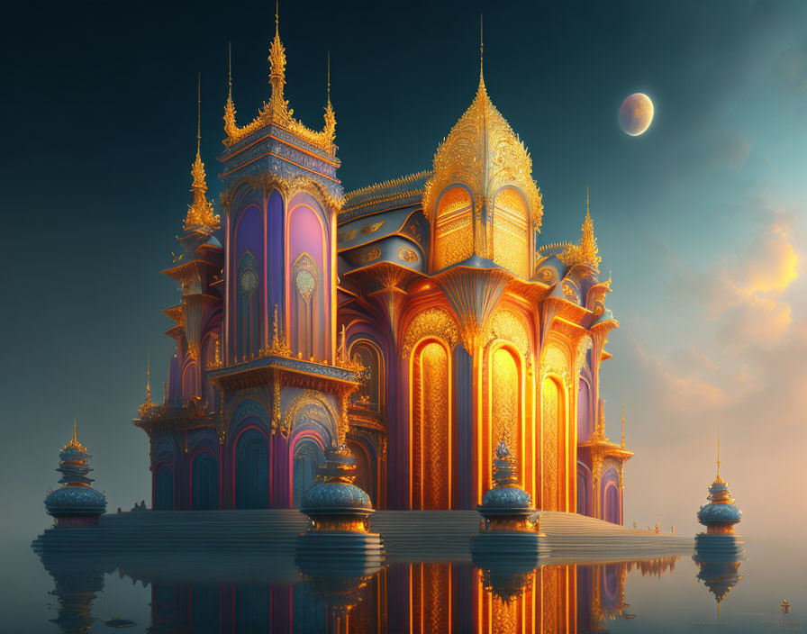 Golden fantasy palace with spires reflected in still water at twilight