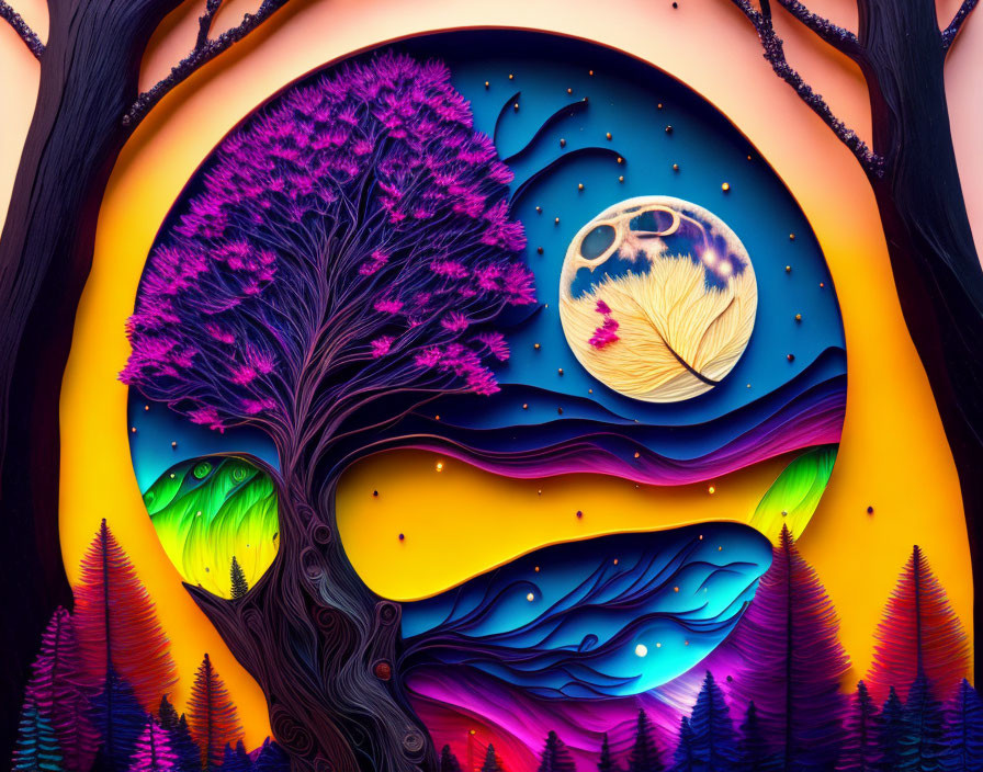 Colorful artwork of whimsical tree in moonlit landscape