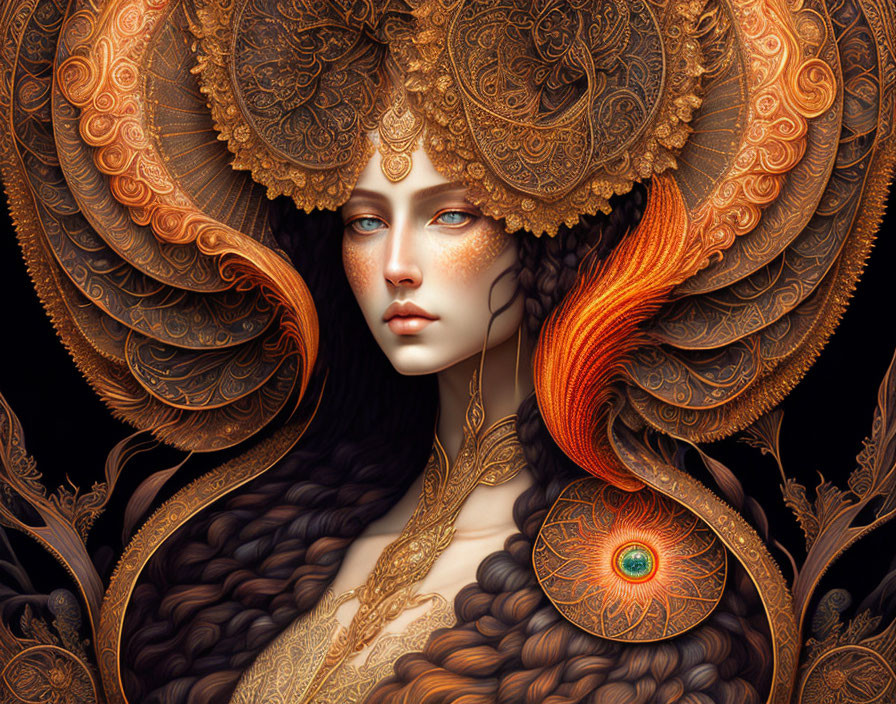 Detailed digital artwork of woman with golden headdress and peacock feather design