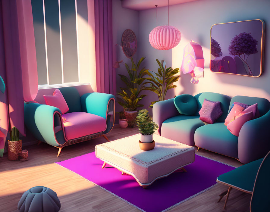 Stylish living room at dusk with pink and blue furniture and warm glowing light