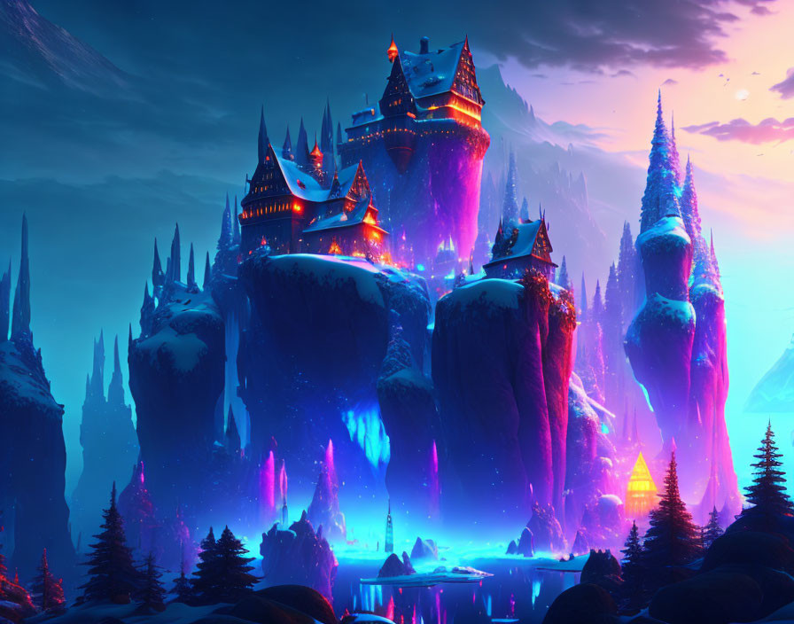 Fantasy castle on jagged cliffs with purple and orange lights at twilight