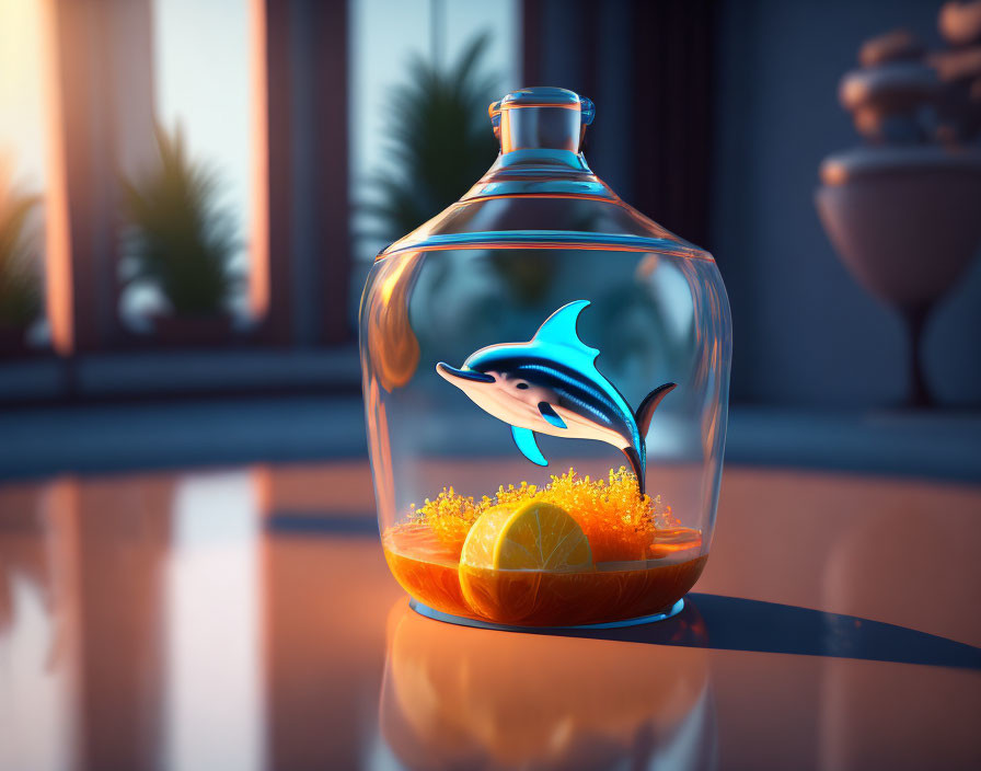 Digital artwork of dolphin in fishbowl with orange slice and coral on surface